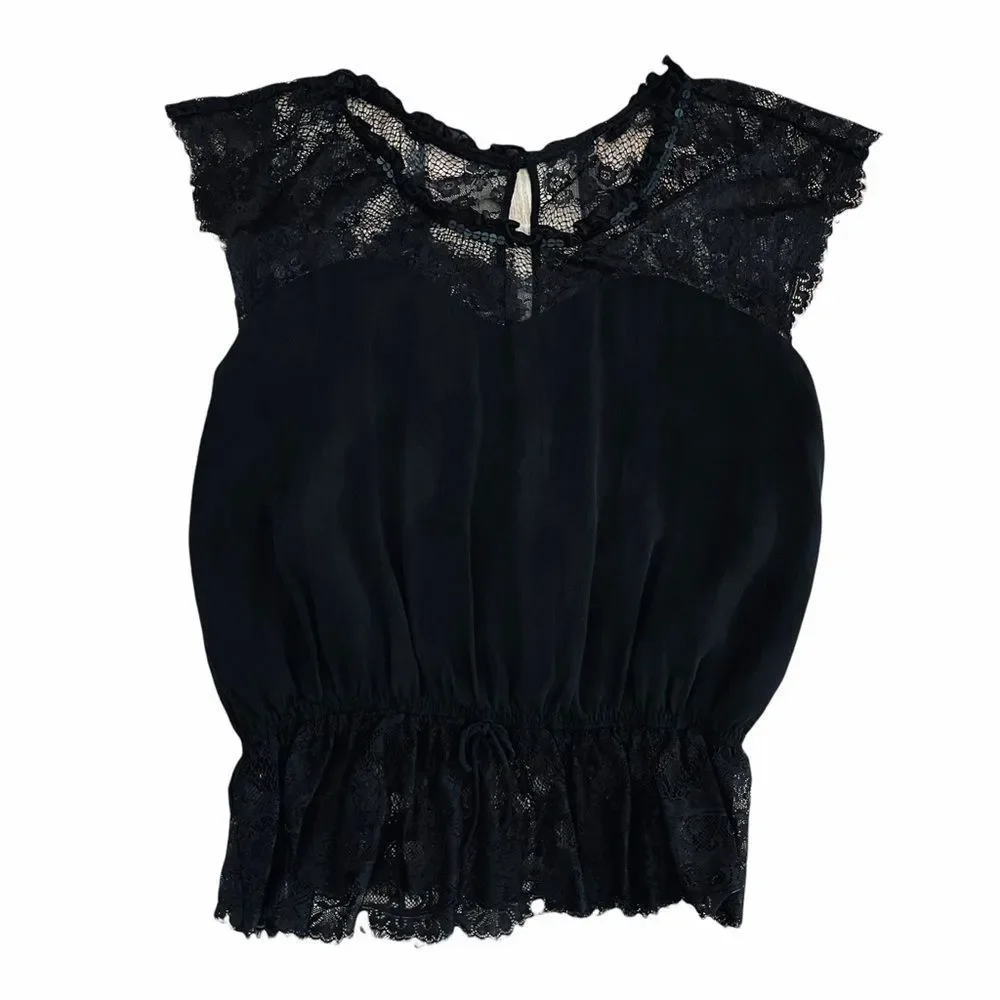 Express Black Lace Peplum Silk Blouse Sequins M - Picture 9 of 15